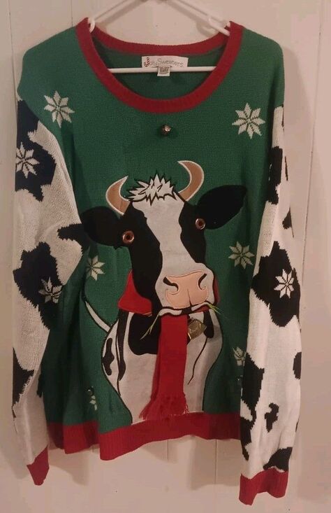 Jolly Sweater Sweaters - Christmas Holiday Cow Bell Knit Ugly Sweater Size XXL Cottage Grandma